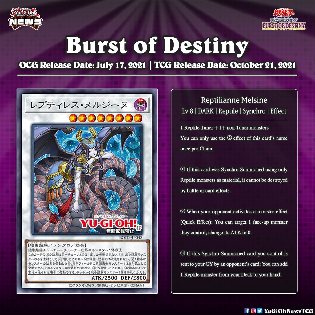 The upcoming OCG Burst of Destiny Booster  Set will introduce new Reptilianne Support cards Translation:  YGOrganization # #YuGiOh #