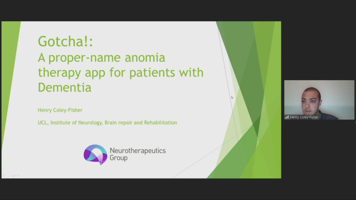 Neuro_BITE's tweet photo. Henry Coley-Fisher @UCL_NT talking @anomia (wordfinding probs) in @dementia. His group developed an app Gotcha! 
#visualstimuli combined with #verbalcues in #massedpractice, nice!
#NeuroRehabLorne2021 https://t.co/UJTKi9EDqw