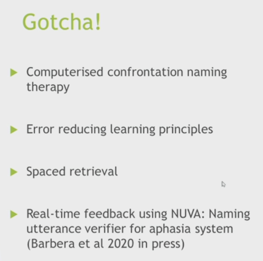 LauraJConnolly's tweet photo. So cool to see the development of new #neuropsychology apps for individuals with #dementia! "Gotcha!", developed by Henry Coley-Fisher, is a confrontation naming therapy for individuals with #anomia 
#NeuroRehabLorne2021 https://t.co/Gq84uFxkbk