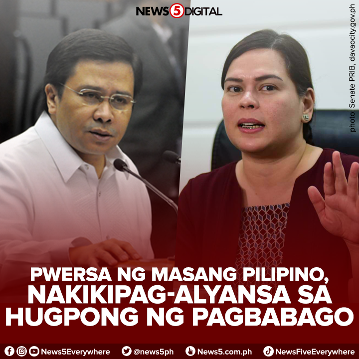 News5PH's tweet photo. JUST IN | Kinumpirma ni Jinggoy Estrada sa News5 na nakikipag-alyansa ang kanilang partidong Pwersa ng Masang Pilipino sa Hugpong ng Pagbabago ni Davao City Mayor Sara Duterte.  | via @maeannelosbanos https://t.co/G30mp0xEcl