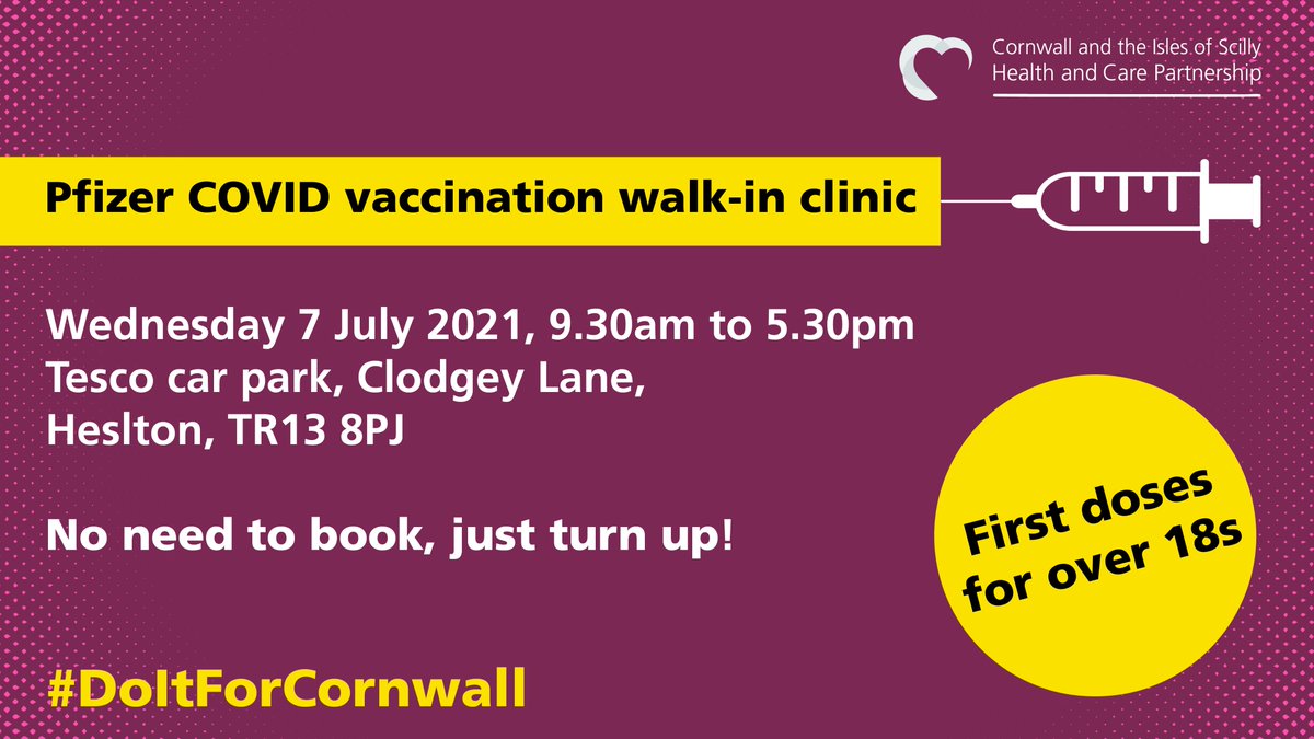 📢#Helston calling! 

If you're aged 18 and over and not yet had your first #CovidVaccine, pop along to the mobile vaccination van at Tesco car park, Clodgey Lane, Helston tomorrow (Wednesday 7 July). No need to book, just turn up between 9.30am and 5.30pm.

#DoItForCornwall