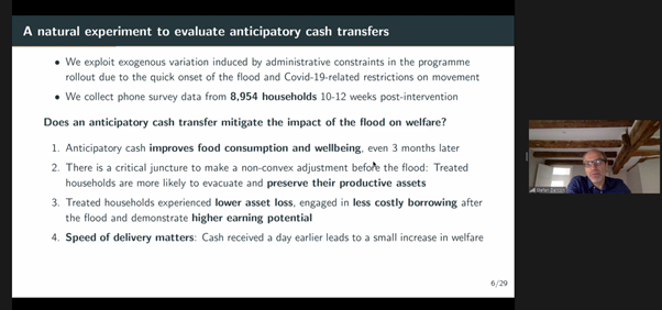 Oxford_CSAE's tweet photo. 📽️LIVE! The CSAE's Stefan Dercon (@BlavatnikSchool) discusses a study on anticipatory cash transfers delivered just before extreme floods in Bangladesh in his 'The Importance of Being Timely' keynote at #GLAD21. https://t.co/c3coGQTtWX