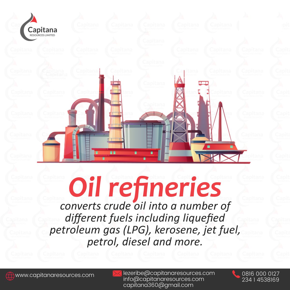 Capitana_Res's tweet photo. Did you know: Oil refineries converts crude oil into a number of different fuels including liquefied petroleum gas (LPG), kerosene, jet fuel, petrol, diesel and more.
#Tuesday #tuesdaytips #refinery #crudeoil #fuel #jetfuel #kerosene #petrol #diesel #tuesdayfact #didyouknow https://t.co/QnqGJjEw7O