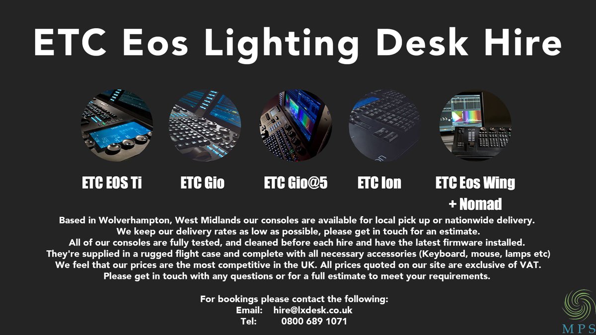 MPS_GB's tweet photo. Looking for Lighting Desk Hire and in the UK?

Check out our dedicated website https://t.co/11YTjejEg7 for full info.

We stock the full range of ETC Eos consoles at very competitive prices!

Get in touch now for a quote! https://t.co/t4UoooTx9q