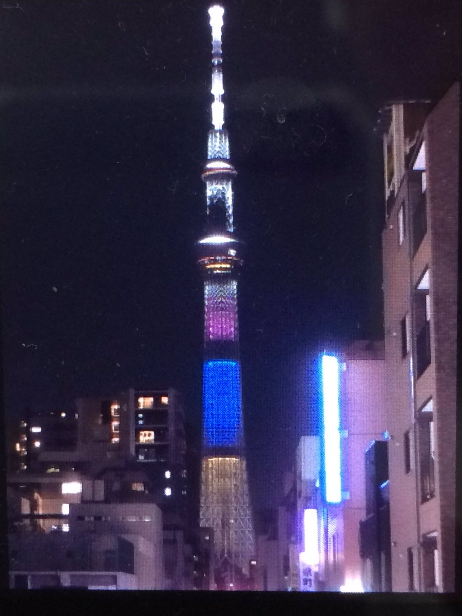 eagle_tw1029's tweet photo. 昨日のスカイツリーは「東京2020オリンピック聖火リレー」実施に伴い、45道府県目走行中の茨城県をイメージした特別ライティング点灯。茨城県公認のVtuber「 #茨ひより」のカラーリングで、上段は偕楽園の梅、中段は国営ひたち海浜公園のネモフィ��、下段は県産品の干し芋をイメージしているとの事。 https://t.co/uxnHOrMm7d