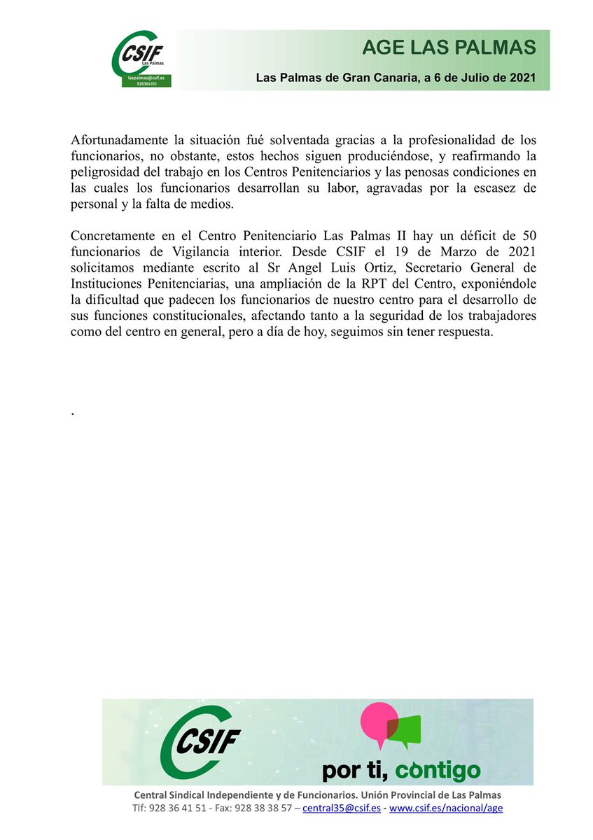 CSIF II.PP LAS PALMAS II (@csiflaspalmasii) on Twitter photo Frustrado intento de Motín en el Centro Penitenciario Las Palmas II( Juan Grande). <a href="/CSIFPRISIONES/">CSIF PRISIONES</a> <a href="/CSIFLASPALMASII/">CSIF II.PP LAS PALMAS II</a> <a href="/CSIF_Las_Palmas/">CSIF Las Palmas</a> <a href="/CSIFCPTenerife/">CSIF PRISIONES Tenerife</a> Frustrado intento de Motín en el Centro Penitenciario Las Palmas II( Juan Grande). <a href="/CSIFPRISIONES/">CSIF PRISIONES</a> <a href="/CSIFLASPALMASII/">CSIF II.PP LAS PALMAS II</a> <a href="/CSIF_Las_Palmas/">CSIF Las Palmas</a> <a href="/CSIFCPTenerife/">CSIF PRISIONES Tenerife</a>