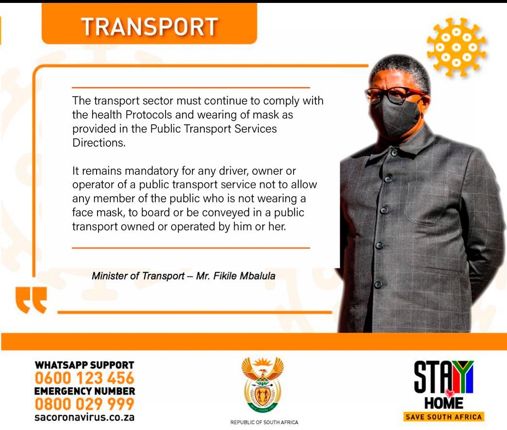 Dotransport's tweet photo. Good morning Suid-Afrika

The country is still on #adjustedAlertLevel4. A driver, owner or operator of public transport may not allow any member of the public who is not wearing a face mask, to board or be conveyed in a public transport owned or operated by him or her.

#StaySafe https://t.co/EqEnmvP2q2