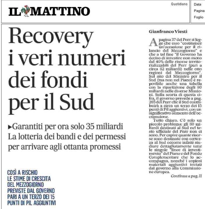 profgviesti's tweet photo. Il Governo Draghi ha affermato che si investiranno 82 miliardi nel Mezzogiorno con il Piano di Rilancio. 
C’è solo un problema. Se si analizza il testo ufficiale, misura per misura, queste risorse non ci sono.
6/7 su Messaggero e Mattino https://t.co/YZaNzXAS2c