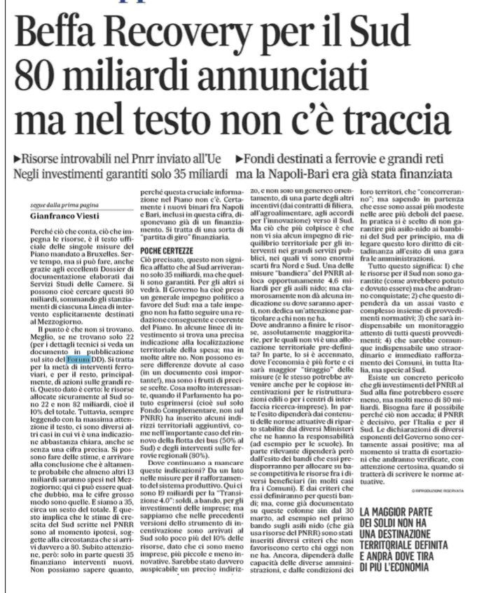 profgviesti's tweet photo. Il Governo Draghi ha affermato che si investiranno 82 miliardi nel Mezzogiorno con il Piano di Rilancio. 
C’è solo un problema. Se si analizza il testo ufficiale, misura per misura, queste risorse non ci sono.
6/7 su Messaggero e Mattino https://t.co/YZaNzXAS2c