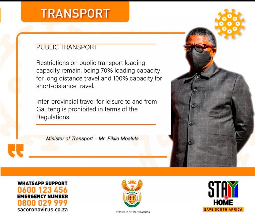 Dotransport's tweet photo. Good morning Suid-Afrika

The country is still on #adjustedAlertLevel4. A driver, owner or operator of public transport may not allow any member of the public who is not wearing a face mask, to board or be conveyed in a public transport owned or operated by him or her.

#StaySafe https://t.co/EqEnmvP2q2