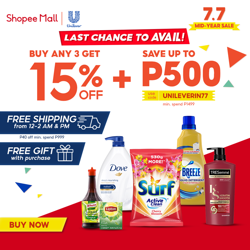 UnileverPhils's tweet photo. Enjoy big savings on Unilever Mid-Year Deals at the Shopee 7.7 Mid-Year Sale! 🤑🥳 Get 15% off + FREE gifts for every purchase + FREE shipping and SAVE up to P500* when you use the code UNILEVERIN77! CHECK-OUT ON JULY 7 12AM! 🛒🛒🛒 *Get up to 15% capped at P500.