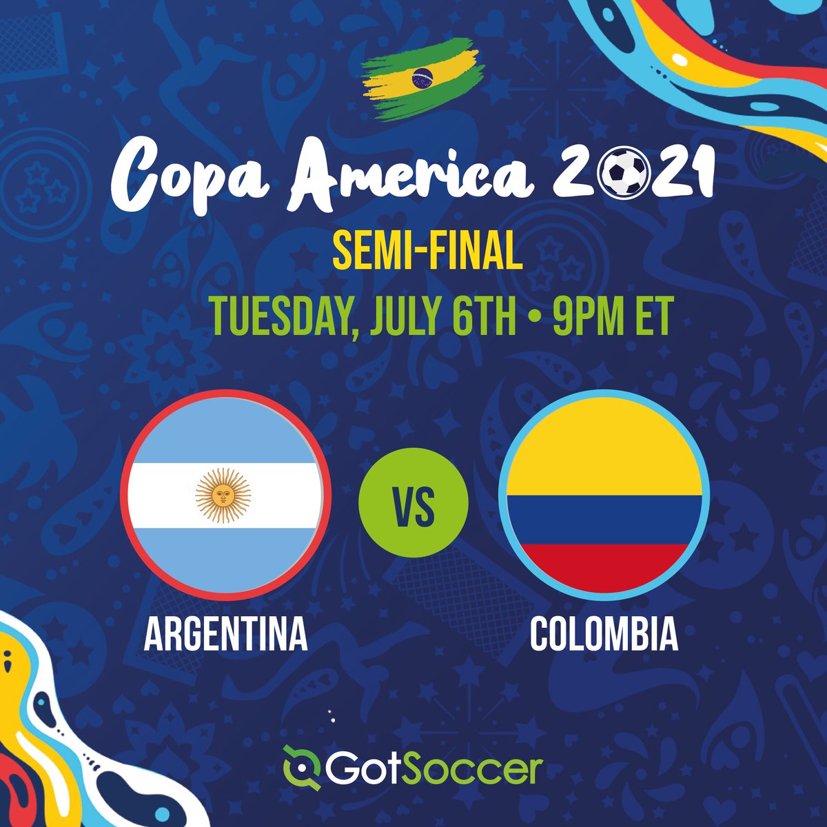 GotSport_ofcl's tweet photo. ❇️ C O P A • A M E R I C A ❇️
››› SEMI-FINAL ‹‹‹
Tuesday, July 6th 2021
9pm ET • #ARGENTINA vs #COLOMBIA
@CopaAmerica #CopaAmerica @CONMEBOL #GotSoccer #GotPro #Soccer #Football #Futbol #VibraElContinente #VibraOContinente https://t.co/IyThuIS6Kr