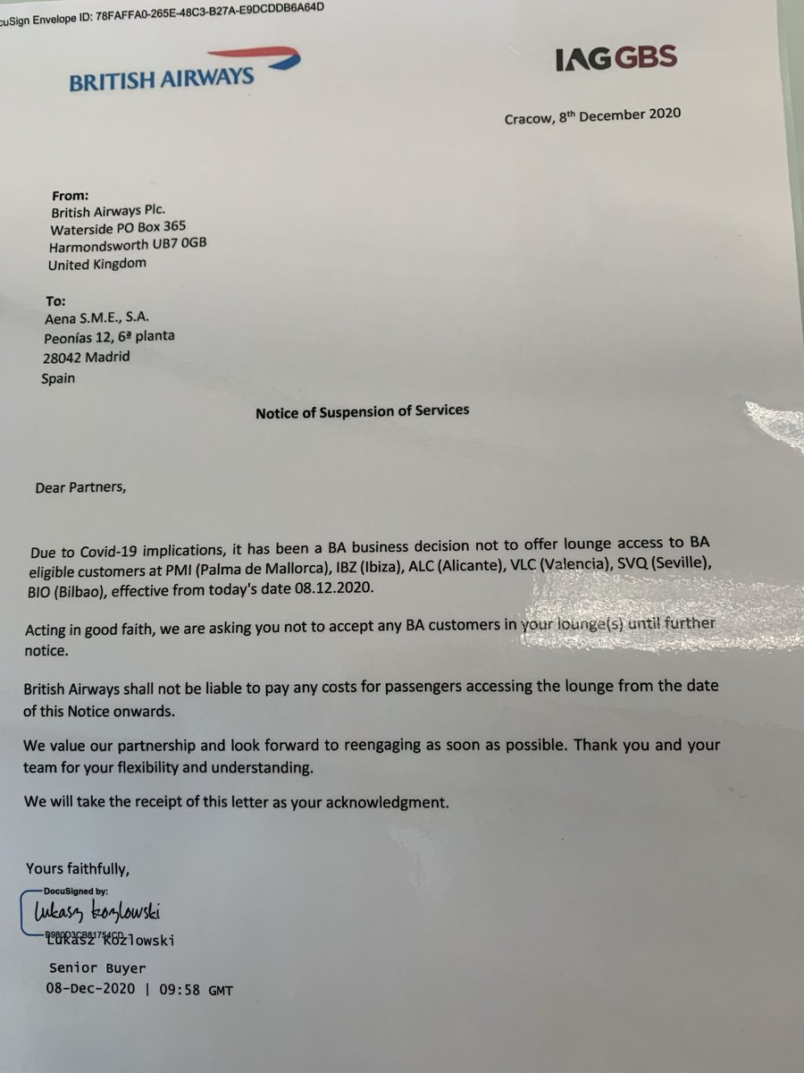 Ladybird1415's tweet photo. @British_Airways It looks like this lack of access is driven by a conscious decision by BA not to pay for access.  I attach a photo of the letter I was shown in the lounge.  Is there a reason for not advising customers of this restriction prior to travel and when will it be reinstated? https://t.co/GMMFmrmO9p