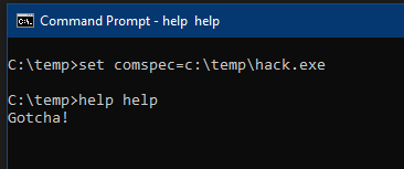 Yet another comspec-based #LOLBin to be added to your blue- or red-tinted repos. For couple dozens of predefined commands, 'help xxx' will launch '%comspec% /c xxx /?' The finding itself is nearly year old, and it's high time I converted it into something practical.