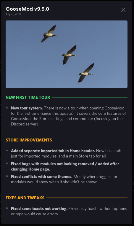 Goose_Mod's tweet photo. GooseMod v9.5.0 is now out! Includes a new first time tour, store improvements, and some minor fixes. Changelog attached, have fun! https://t.co/USPyiS9pNF