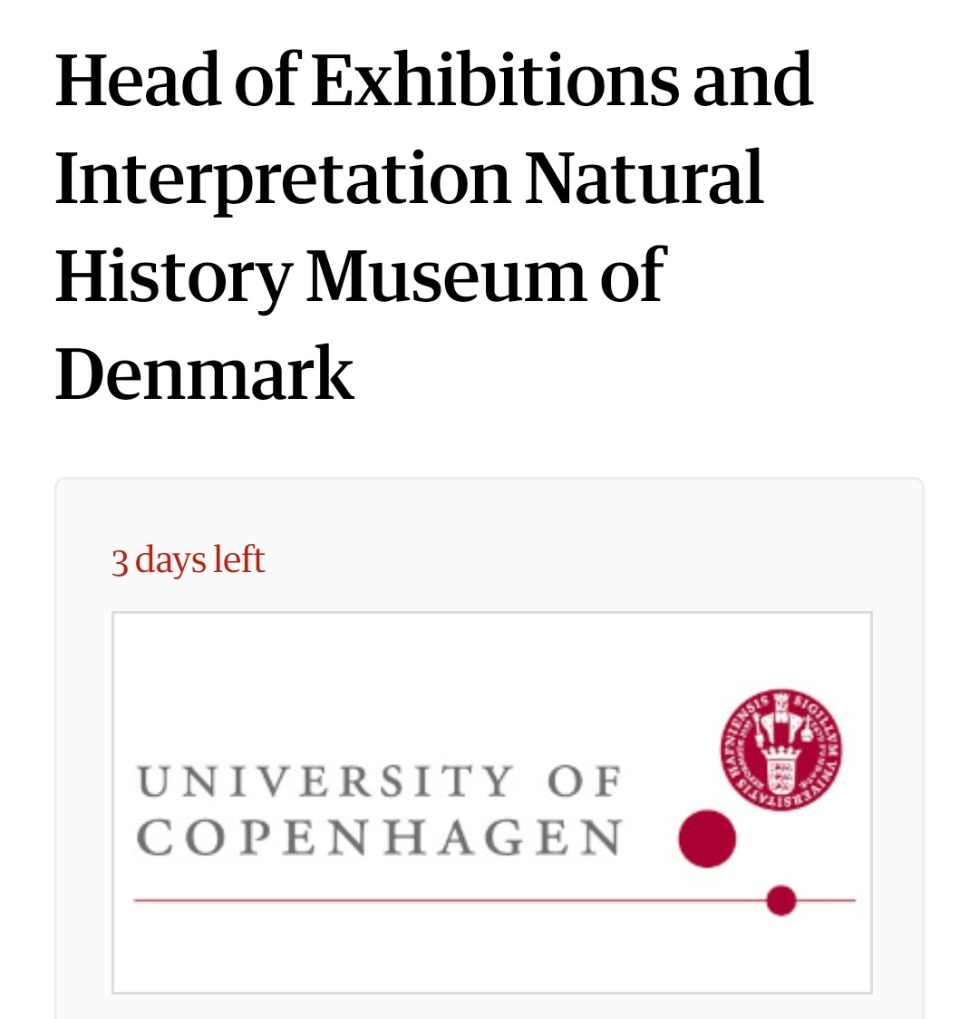 An #art #culture #heritage specialist? Thinking of working in #Scandinavia?  Head of Exhibitions &amp; Interpretation Natural History Museum of Denmark, 3 days left to apply <a href="/uni_copenhagen/">University of Copenhagen</a> <a href="/GuardianJobs/">Guardian Jobs</a> jobs.theguardian.com/job/7323188/he…