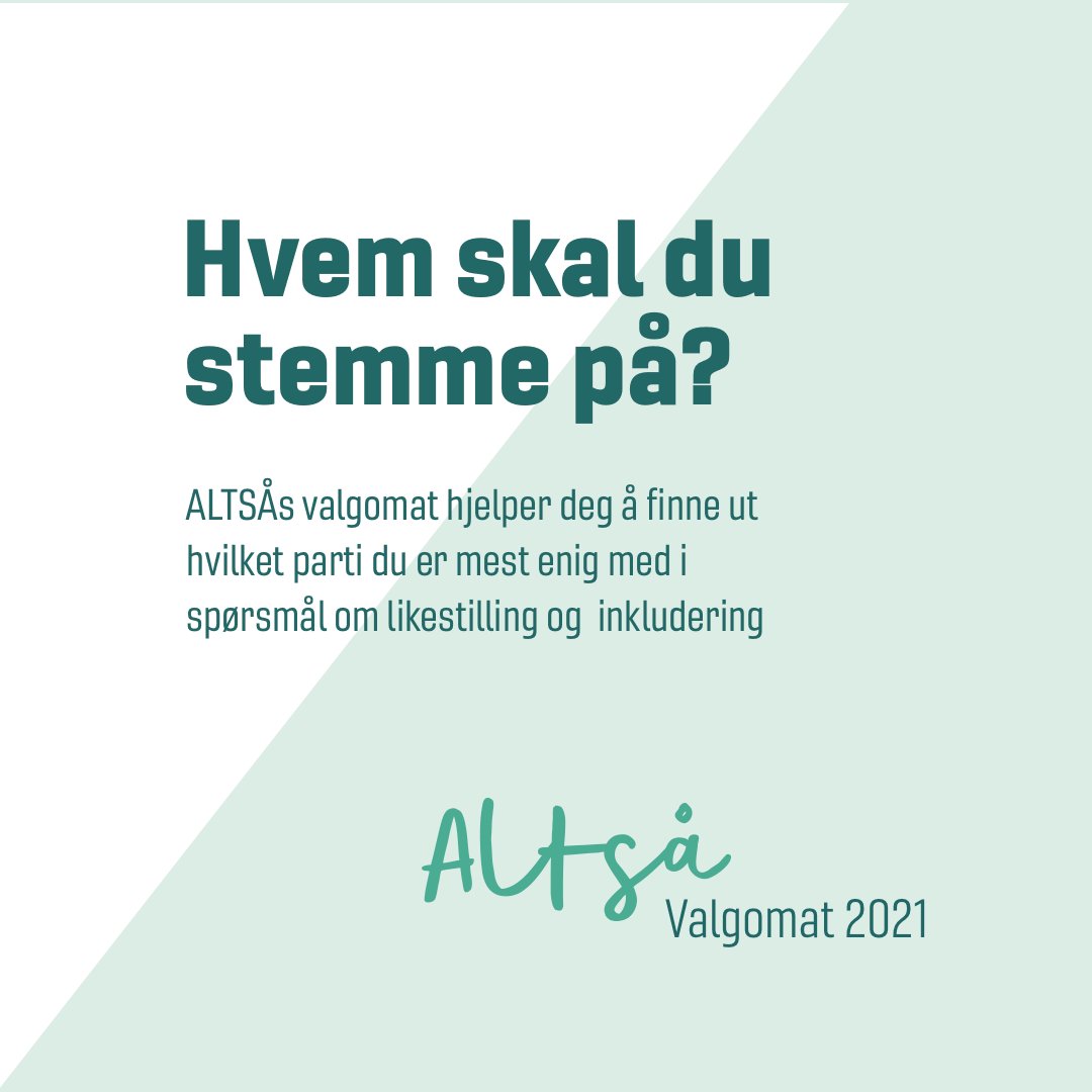 Vi i ALTSÅ har laget en valgomat basert på hva de ulike partiene har programfestet på temaene likestilling og inkludering. Hvis dette er viktige temaer for deg, så kan denne valgomaten gi deg en pekepinn på hva du bør stemme 13. september 🙌 Ta den her: altsa.no/valgomat/