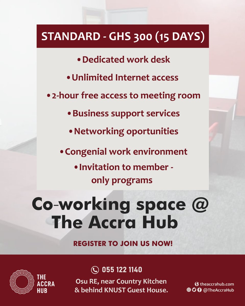 TheAccraHub's tweet photo. It’s Tuesday and we’re here again with our regular package at a rate of GHC130 for five good days. Grab on this offer and you’ll not be disappointed.
#coworkers 
#coworkingspace 
#officespace 
#entrepreneurs 
#businessowners
#business
#entrepreneurlife 
#endlessopportunities https://t.co/iaEdrMQrSO