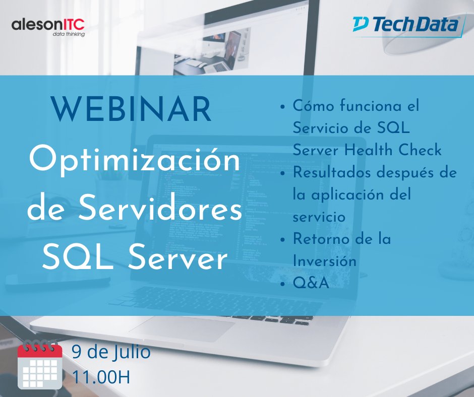 alesonitc's tweet photo. Nos vemos el próximo 9 de Julio a las 11.00H en los Cloud Friday de @techdata_es . Nuestro CEO @fracionero  estará como ponente en el webinar sobre Optimización de Servidores SQL Server. ¡Te esperamos!

➡️Registrate Aquí ➡️ https://t.co/8o8bNdQoW0 https://t.co/0iUa4XFuwZ