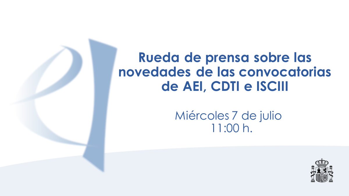 Agencia Estatal de Investigación (@ageinves) on Twitter photo ℹ️ El ministro <a href="/astro_duque/">Pedro Duque</a> presenta las novedades de las convocatorias de la <a href="/AgEInves/">Agencia Estatal de Investigación</a> , el @CDTIoficial y el
<a href="/SaludISCIII/">Instituto de Salud Carlos III (ISCIII)</a>
🗓️ miércoles 7 de julio a las 11:00 h.
Puedes seguir en streaming la rueda de prensa aquí
➡️ youtube.com/watch?v=PfcNYD… ℹ️ El ministro <a href="/astro_duque/">Pedro Duque</a> presenta las novedades de las convocatorias de la <a href="/AgEInves/">Agencia Estatal de Investigación</a> , el @CDTIoficial y el
<a href="/SaludISCIII/">Instituto de Salud Carlos III (ISCIII)</a>
🗓️ miércoles 7 de julio a las 11:00 h.
Puedes seguir en streaming la rueda de prensa aquí
➡️ youtube.com/watch?v=PfcNYD…