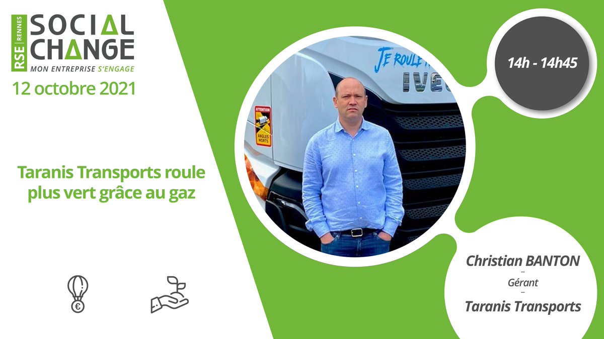 [#Témoignage] <a href="/TARANISTranspo1/">TARANIS Transports</a> s’équipe de véhicules roulant au gaz pour répondre aux exigences environnementales de ses grands clients.🚛
Une nécessité #économique qui rejoint un enjeu #écologique fort.
RDV à #SocialChangeRennes, inscrivez-vous : weezevent.com/social-change-…