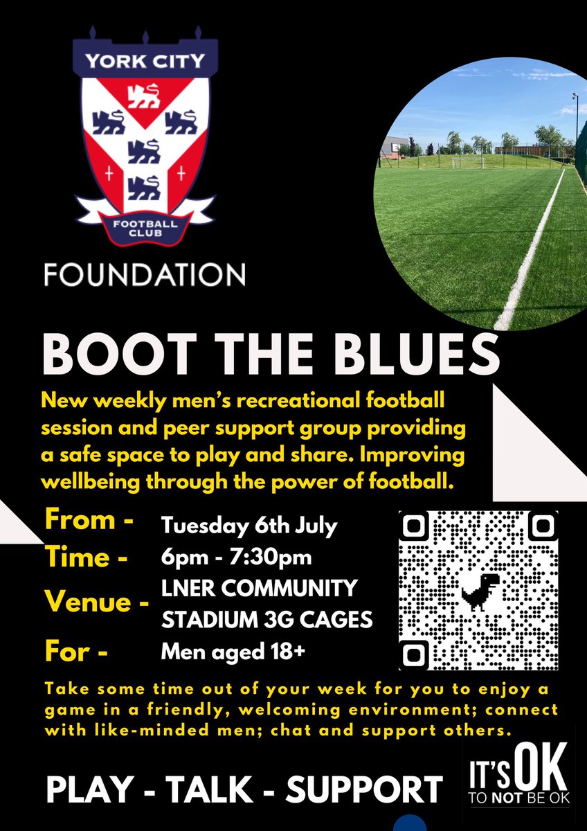 TONIGHT OUR NEW SESSION ARRIVES ⚽️ 🗣

⏰ 6 - 7:30pm 
📍LNER Community Stadium Pitches
➡️ For Men 18+ 
📋 forms.gle/P4Znf5DCqyrzX7…

A brand new support group for men aged 18+. We will have 1 hour football with a 30 minute support group after. Come down and be yourself ⚽️