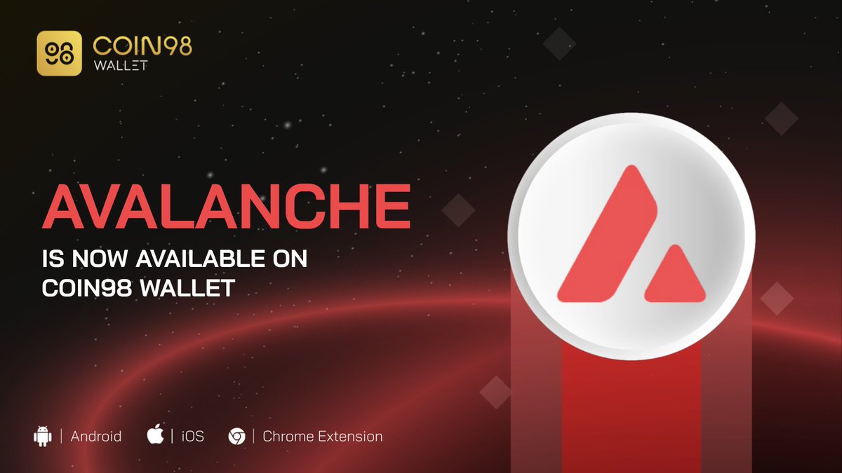 .@avalancheavax wallet is now on #Coin98WalletX. Users can:

✨ Store $AVAX (X-Chain, C-Chain) &amp; ARC20 token 
✨ Use AVAX Cross-Chain Bridge 
✨ Trade <a href="/pangolindex/">Pangolin (PangoPerps is out!)</a> natively 
✨ Access DApps via DApp Browser

 Create an AVAX wallet &amp; start now! 👉 c98.link/AVAX-Wallet