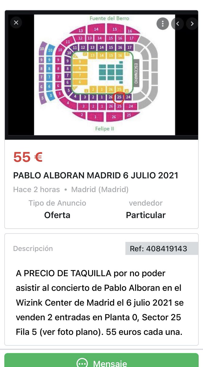 jose471704's tweet photo. @pabloalboran Por no poder asistir Me sobran 2 entradas en Planta 0 sector 25 fila 5 a 55 euros cada una, precio de taquilla https://t.co/MHgE6MNj4G