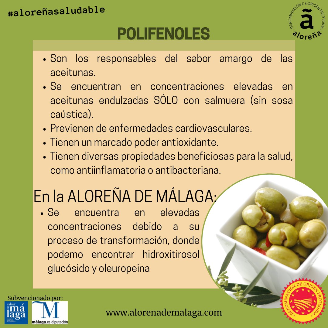 LA ALOREÑA SALUDABLE
La Aloreña de Málaga también posee altas cantidades de polifenoles.
#aloreñasaludable #polifenoles  #nutrición #dop #calidad #aloreña #aceituna 
Acción subvencionada por <a href="/diputacionMLG/">Diputación de Málaga</a> y <a href="/SaboraMalaga/">Sabor a Málaga</a>