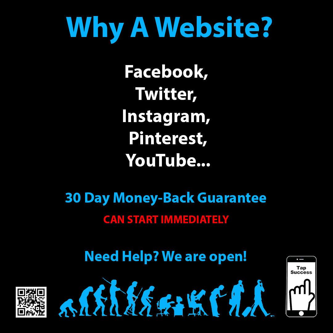 TapSuccess's tweet image. Why A Website? Facebook, Twitter, Instagram, Pinterest, YouTube... Need help? We&apos;re open! #success #entrepreneur TapSuccess.com +1 (480) 624-2500 (24/7)