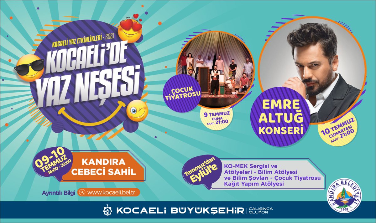 #YazNeşesi 🔥☀️ #Kandıra'da devam ediyor.

🎭9 Temmuz Cuma Çocuk Tiyatrosu
🎤10 Temmuz Cumartesi <a href="/emrealt/">Emre Altuğ</a> konseri
🖼Sergiler
✂️Atölyeler
🤹‍♀️Gösteriler ve birbirinden farklı etkinlikleri Cebeci Sahilimizde sizlerle buluşuyoruz.