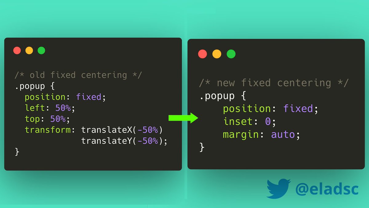 eladsc's tweet image. 💡The new #CSS way for centering with &apos;position: fixed&apos;.

@CodePen demo:
codepen.io/elad2412/pen/v…

* Works in all evergreen browsers.