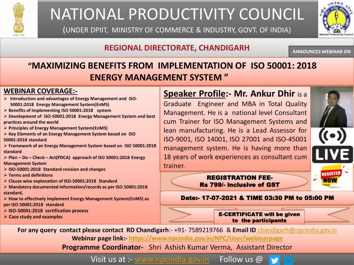NPC_INDIA_GOV's tweet photo. Join @NPC_INDIA_GOV webinar on "MAXIMIZING BENEFITS FROM IMPLEMENTATION OF ISO 50001: 2018 ENERGY MANAGEMENT SYSTEM"
Date &amp; Time: 17-07-2021 (03:30 PM to 05:00 PM)
To Register: https://t.co/9EIKs8mofS
Fee: Rs 799/-
Contact: chandigarh@npcindia.gov.in, 7589239766 https://t.co/OJLmQ9httt