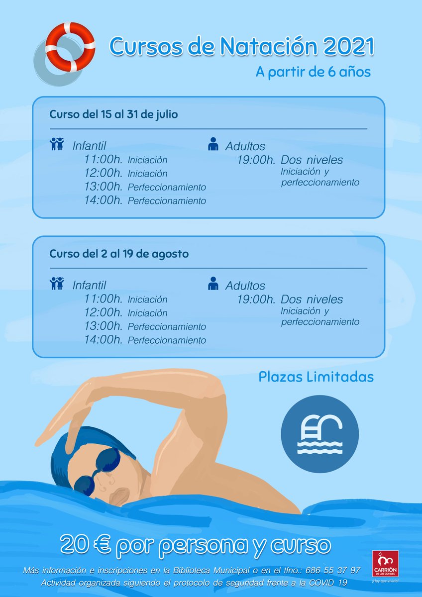 CURSOS DE NATACIÓN 2021
20 € por persona y curso
A partir de 6 años
Plazas Limitadas
Más información e inscripciones en la Biblioteca Municipal o en el tfno.: 686 55 37 97
carriondeloscondes.org/cursos-natacio…