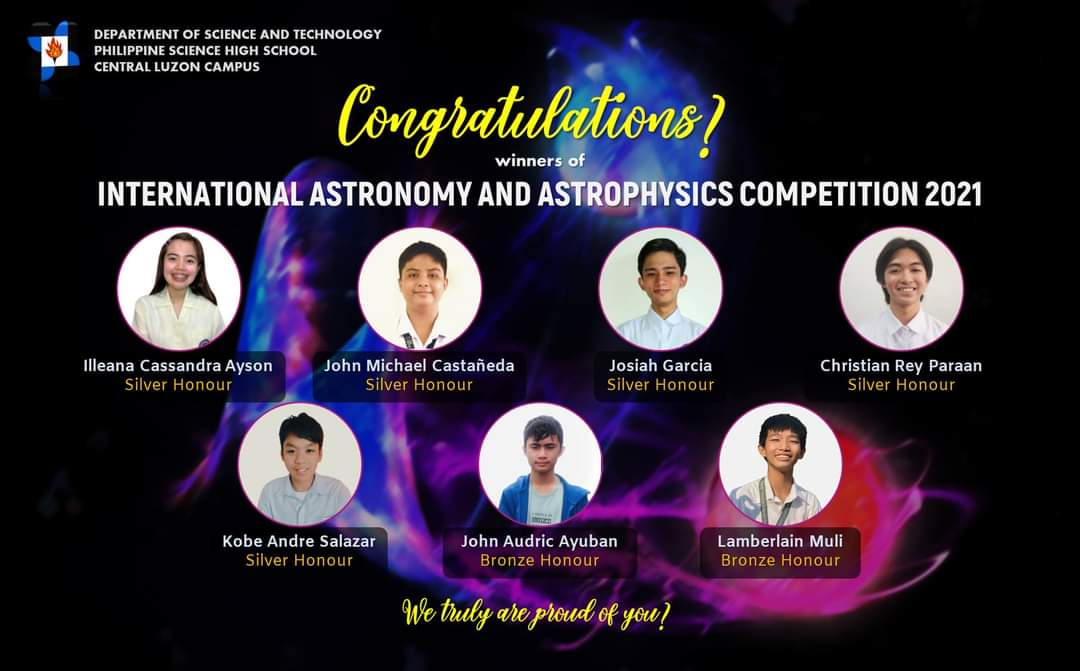 PSHS_CLC's tweet photo. Warmest felicitations to the students and coaches for winning in the 2021 International Astronomy and Astrophysics Competition.
The whole PSHS-CLC community is truly proud of you!
#2021IAAC #TruthExcellenceService #HeartofExcellenceinCentralLuzon #DOSTScienceforthePeople https://t.co/ib10EAVrA0