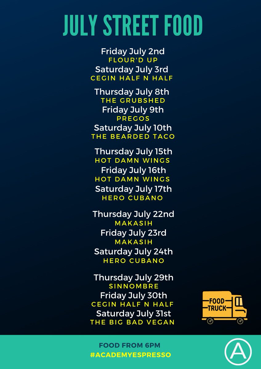 academyespresso's tweet photo. A full month of fantastic street food vendors at Academy Espresso Bar! ππ From 6pm.
#barry #cowbridge #cardiff #llantwitmajor #valeofglamorgan #streetfood #streetfoodlovers #academyespresso #workhardandbenicetopeople https://t.co/g8geCBSI1H