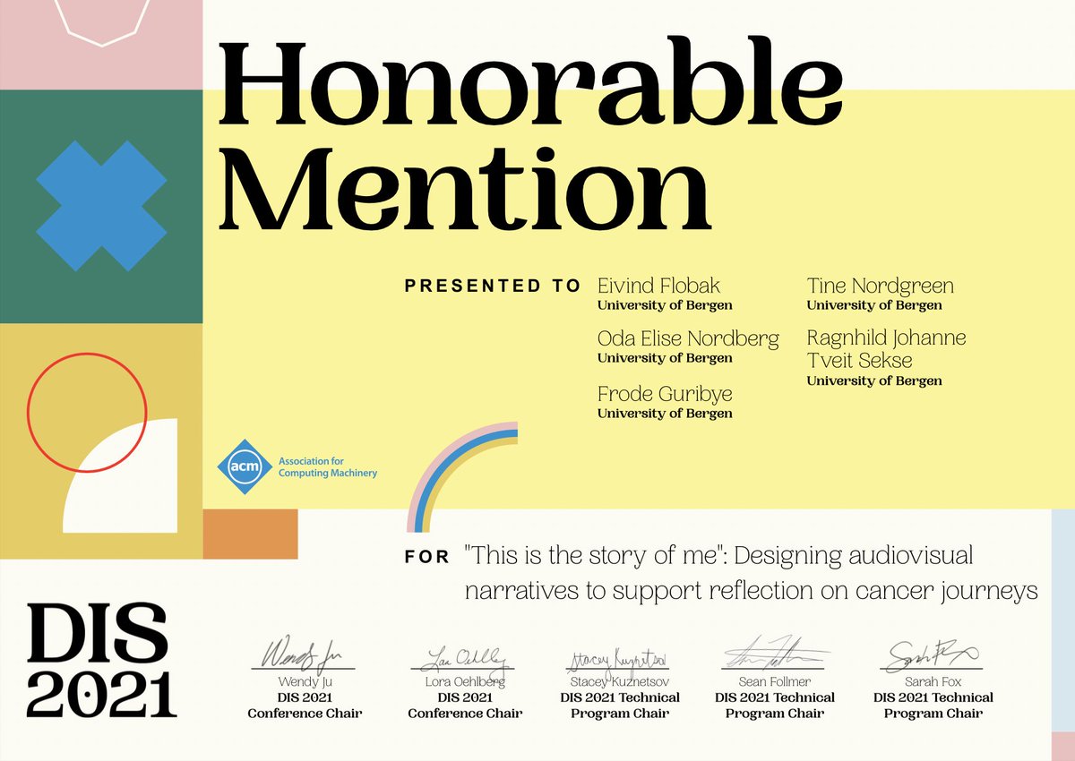 eivindf's tweet image. Very proud to receive this Honorable Mention award from #acmdis2021 for our work on designing narrative support for cancer survivors. Paper is available at dl.acm.org/doi/10.1145/34… @guribye @infomedia_uib @sigchi