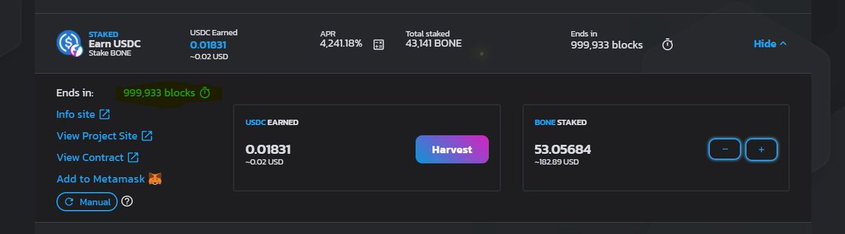🚀🚀🚀 #Boneswap BONE Shares: Stake BONE and earn USDC just launched.

Pool will be live until the end of July, but after 1 week boosted reward it will be back to normal rate.
So it is good time to join with us.

$14000 USDC will be funded everyday

#Polygon #YieldFarming #MATIC
