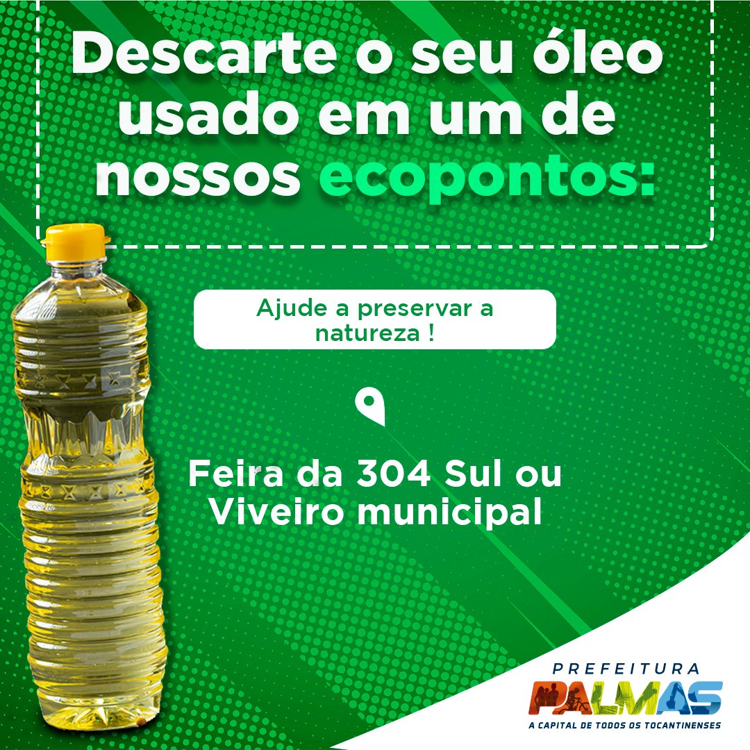 cidadepalmas's tweet photo. Terça-feira é dia de #Feirada304sul🥰🍉🌽.
Sabia que além de adquirir produtos de qualidade, você pode levar óleo de cozinha utilizado para reciclar? Basta colocar numa garrafa pet e entregar no Ecoponto instalado na Feira.
#DescarteConsciente significa cuidar do meio ambiente https://t.co/kJLy6gznF3