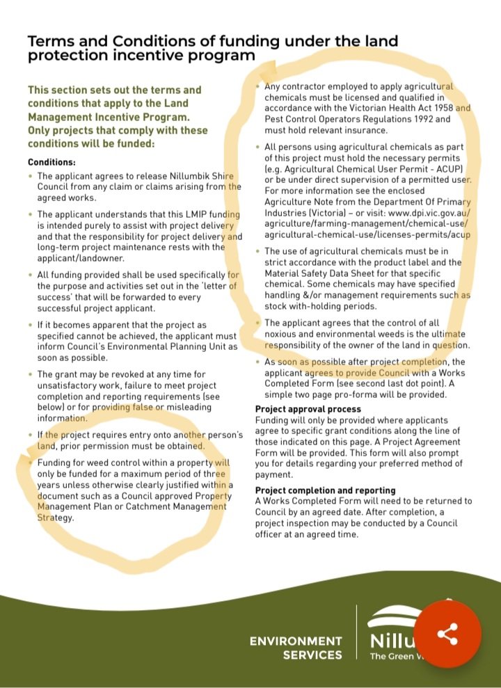 <a href="/VFFGrains/">VFFGrains</a> <a href="/ryan_milgate/">Ryan Milgate</a> <a href="/nillumbikshire/">Nillumbik Shire Council</a> <a href="/APVMA/">APVMA</a> <a href="/ashseed1/">Ashley Fraser</a> <a href="/VicFarmers/">Victorian Farmers Federation (VFF)</a> <a href="/GrainProducers/">Grain Producers Australia</a> <a href="/GermanoEmma/">Emma Germano</a> <a href="/DanyelCucinotta/">Danyel Cucinotta</a> Note the specifics of weed control criteria,and the weeds noted in councils funding of their own current Land Management Incentive Program.