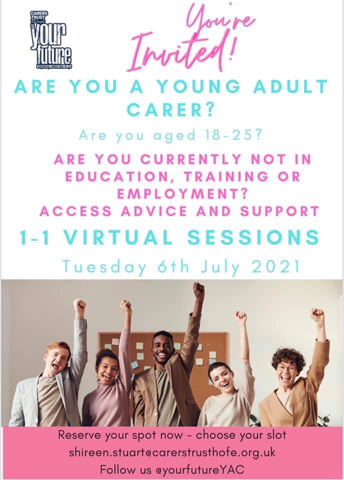 There’s still time to register for our 121 virtual event happening today! 
Check out our poster below. Start your future here ⬇️ #YourFuture #DreamBelieveAchieve #YoungAdultCarers #Coventry #ThinkTuesday #proud #YouCanDoIt #Education #Employment #Passion #opportunity #Innovation