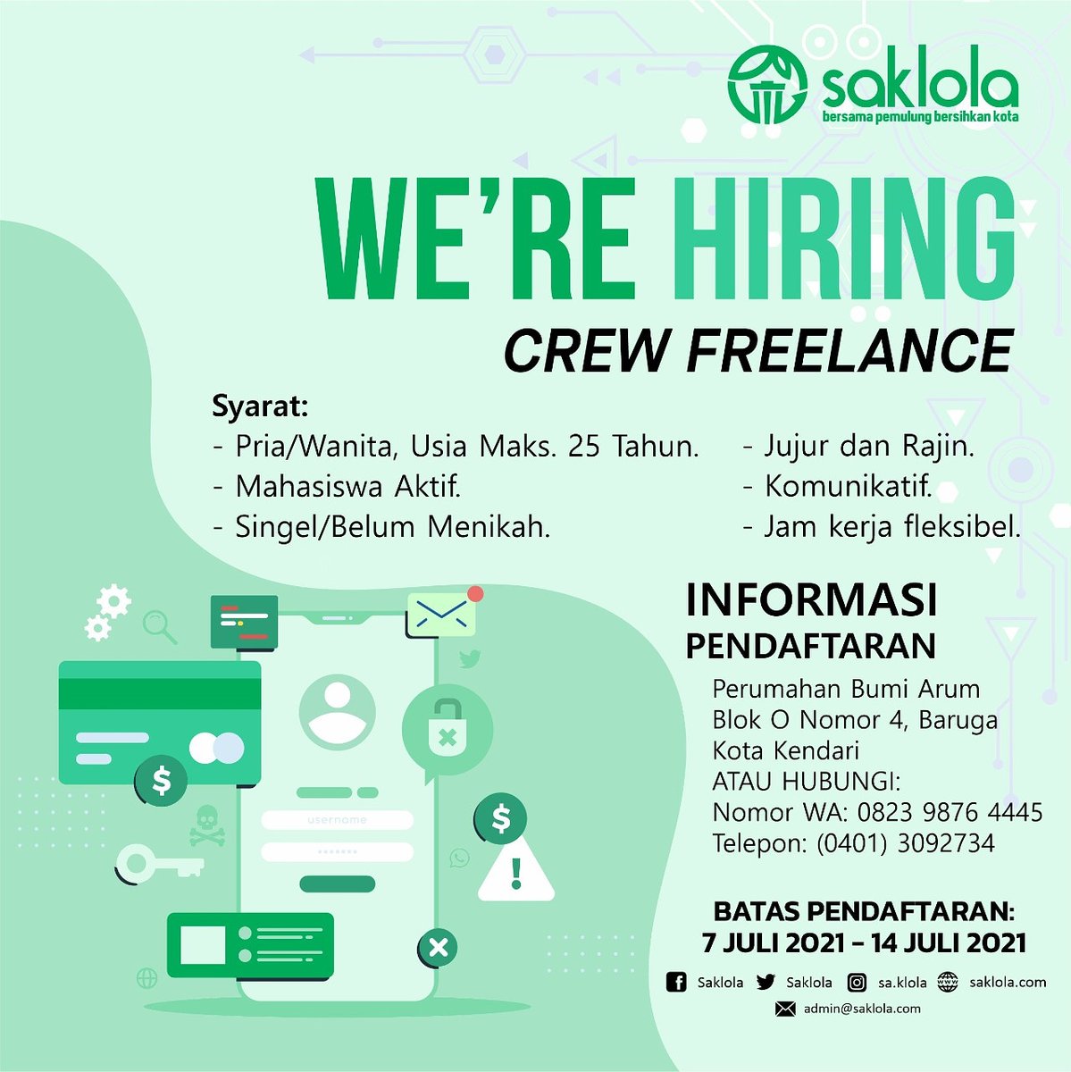 Kamu mahasiswa dan ingin punya penghasilan sendiri? Tapi bingung mau kerja apa? Ayo, bergabung bersama kami menjadi 'Crew Freelance'. Jam kerja fleksibel dan menyesuaikan jadwal kuliah. Ayo, segera daftarkan dirimu!😁

#ubahsampahjadiberkah #ubahsampahjadiberharga