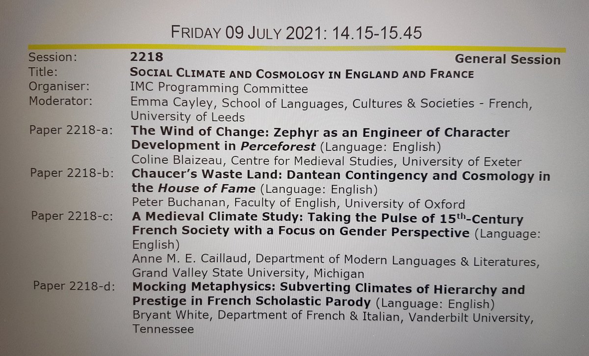 I'm giving a paper on Friday 9th. Come hear about 'The Wind of Change: Zephyr as Engineer of Character Development in the Romance of Perceforest', where I'll be discussing the (failed) intellectual/spiritual education served by Zephyr's tricks on the knight Estonné! #IMC2021