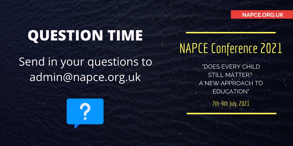 NAPCE1's tweet photo. Do you have a question for our Question Time panel?
At NAPCE Online Conference 2021 the theme this year is 'Does Every Child Still Matter? - A New Approach to Education
On 08.07.21 we're holding Question Time & asking you to submit questions on the theme to admin@napce.org.uk https://t.co/DRKXXNasnx