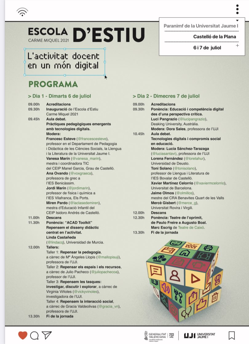 elsavilalta's tweet photo. Escola d'Estiu CARME MIQUEL a Castelló hui i demà. Dijous i divendres seguirem a Gandia. Jornades de reflexió i enriquiment al voltant de l'activitat docent en un món digital. 🌍💻👩🏻🏫 #dgieo #escolaestiuCM21 https://t.co/hQQZK1tUlS
