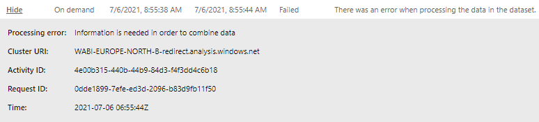 Ko_Ver's tweet image. I got an error when processing a dataset in the #powerbi service. I got a field with the refresh date of the model (a getdate() in power query) and even though the refresh failed, this field was updated. Strange right? #pbihelp #sqlhelp