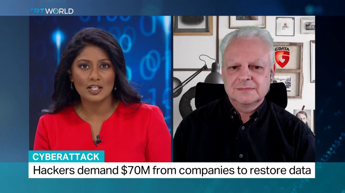 On the big TV screen again via @trtworld about possibly the biggest #ransomware attack in history until now at #Kaseya #KaseyaVSA , cascading down to hundreds of other companies.  Here's the link to watch the interview: lnkd.in/drtBrVG