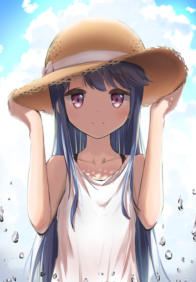 shima rin 1girl solo hat long hair blue hair straw hat smile  illustration images