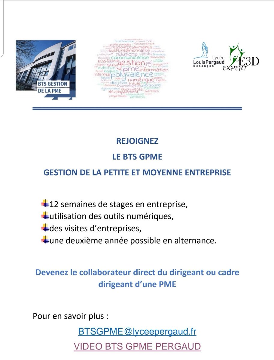 baillyseverine's tweet photo. Vous souhaitez faire votre deuxième année de BTS GPME en apprentissage? Il reste quelques places au lycée Pergaud pour l'année 2021/2022.
Contactez nous au plus vite! https://t.co/HxGcTtGcgs