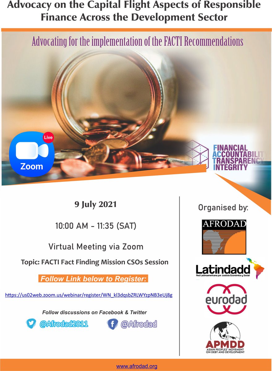 📢Don't miss it! Join our discussion this⏲️ Friday the 9th of July 2021 as we deliberate on <a href="/FACTIpanel/">FACTI Panel</a>  report. How can CSOs adopt &amp; make the report a tool to strengthen international efforts to curb IFFs? Register now us02web.zoom.us/webinar/regist…